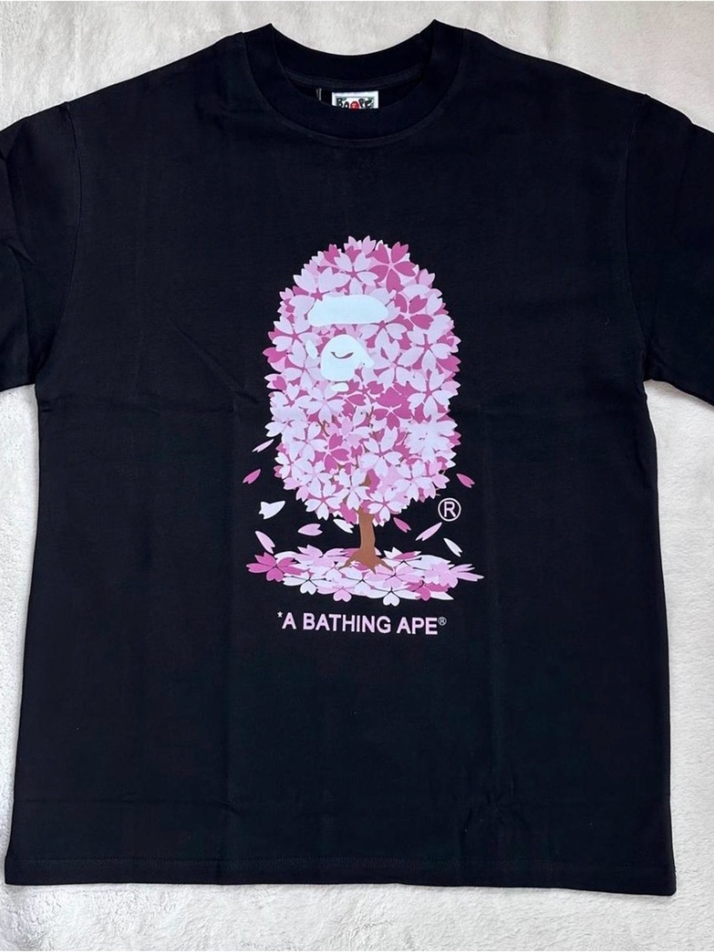 Bape Black Tee with Pink & White Blossom Tree Graphic